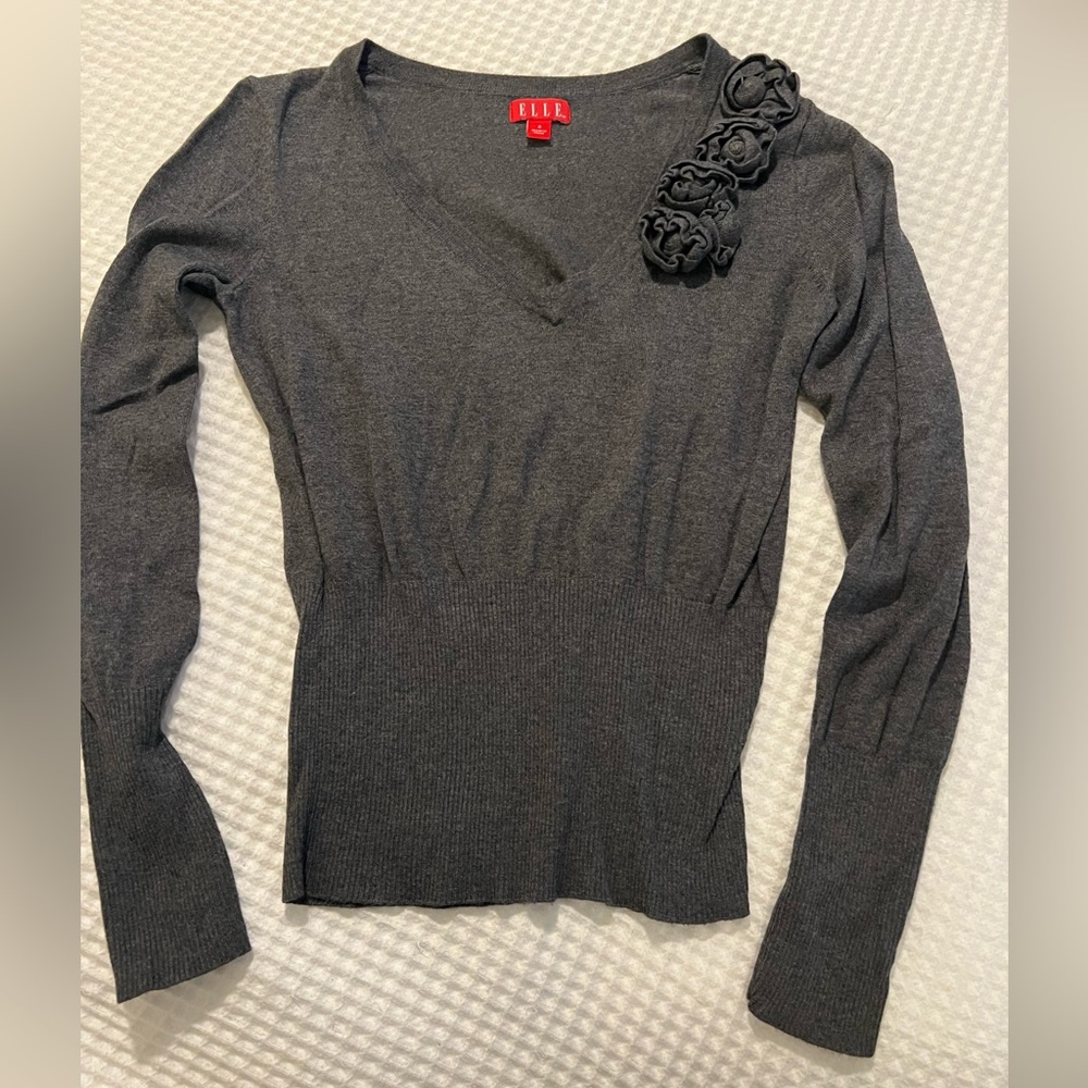Elle Charcoal V-Neck Blouse with Floral Accent